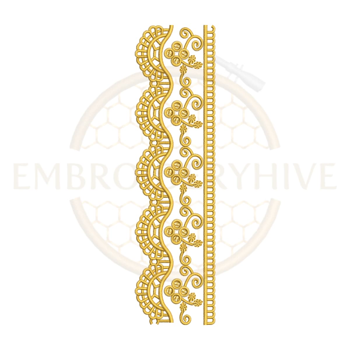 Golden Blossom Curve border embroidery design, floral curved border for machine embroidery, elegant flower border for garments and home decor.