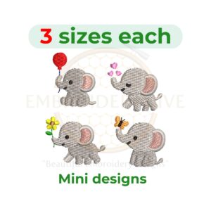 cute baby elephant embroidery set with sitting, walking, splash, and sleeping elephant designs, 1–2 inches, digital machine embroidery download.