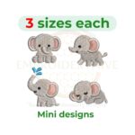 Tiny baby elephant embroidery set with sitting, walking, splash, and sleeping elephant designs, 1–2 inches, digital machine embroidery download.