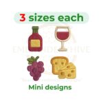 Wine mini embroidery design set, bottle, wine glass, grapes, cheese embroidery designs, small 1–2 inch machine embroidery patterns, instant download.