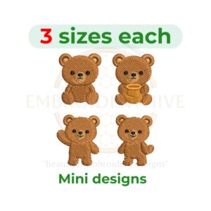 Baby bear mini embroidery design set with four cute bear designs — honey bear, sitting bear, walking bear, and waving bear — in 1–2 inch sizes for machine embroidery.