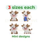 Baby cow mini embroidery design set with four cute cow designs — milk cow, sitting cow, walking cow, and waving cow — in 1–2 inch sizes for machine embroidery.
