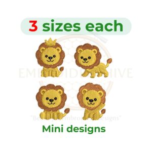 Baby lion mini embroidery design set with four cute lion designs — king crown lion, happy walk lion, sitting baby lion, and waving paw lion — in 1–2 inch sizes for machine embroidery.