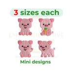 Baby pig mini embroidery design set with four cute pig designs — fruit pig, sitting pig, walking pig, and waving pig — in 1–2 inch sizes for machine embroidery.