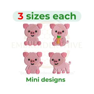 Baby pig mini embroidery design set with four cute pig designs — fruit pig, sitting pig, walking pig, and waving pig — in 1–2 inch sizes for machine embroidery.