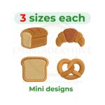 Breads mini embroidery design set, croissant, loaf, pretzel, toast embroidery patterns, 1–2 inch small machine embroidery designs, instant download.