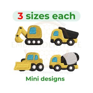 Construction mini embroidery design set featuring bulldozer, cement mixer, excavator, and dump truck for machine embroidery.