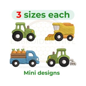 Farm vehicles mini embroidery design set featuring tractor, harvester, farm truck, and tractor with plow for machine embroidery.