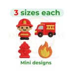 Firefighter Mini Embroidery Design Set with fire, truck, fireman, hydrant