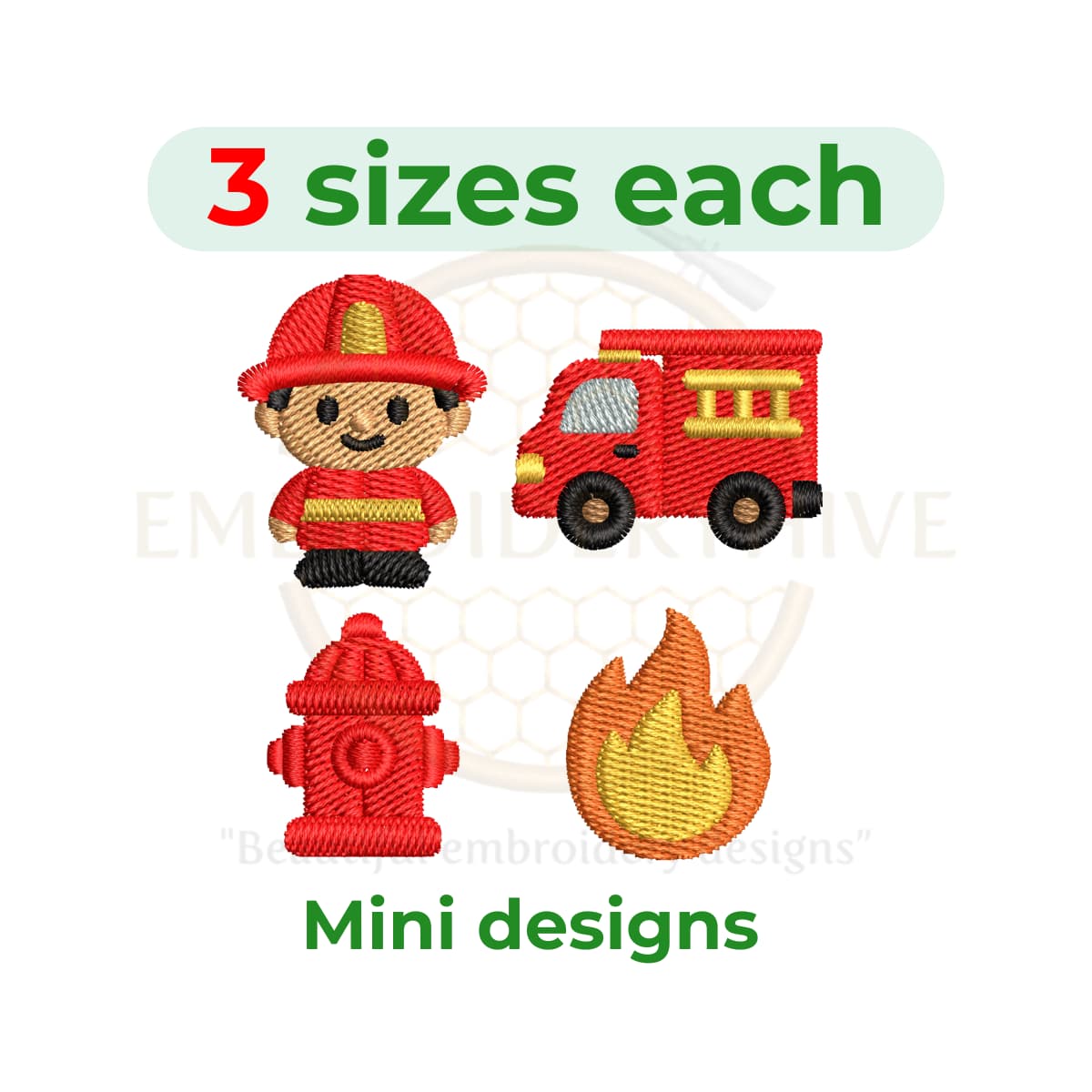 Firefighter Mini Embroidery Design Set with fire, truck, fireman, hydrant