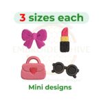 Girl mini embroidery design set with bow, lipstick, purse, and glasses for machine embroidery.