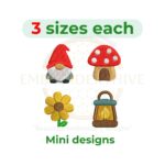 Gnome mini embroidery design set with mushroom, flower and lantern