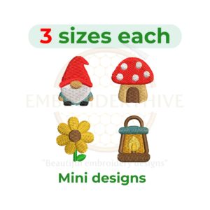 Gnome mini embroidery design set with mushroom, flower and lantern