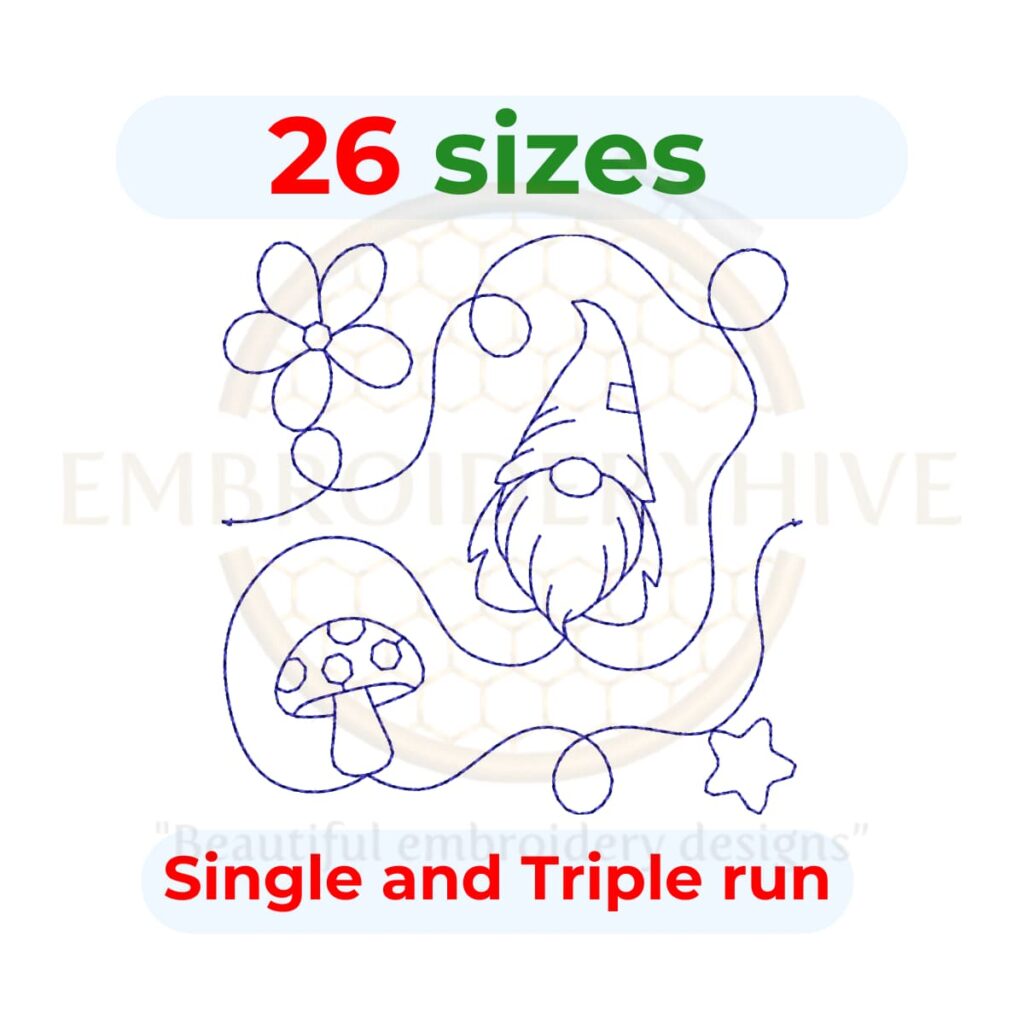Gnome end to end quilting embroidery design, edge to edge quilt block pattern for embroidery and longarm machines.
