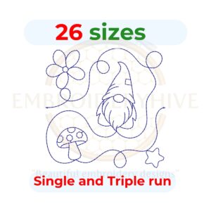 Gnome end to end quilting embroidery design, edge to edge quilt block pattern for embroidery and longarm machines.