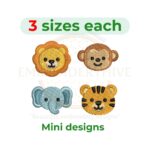 Jungle Animals Mini Embroidery Design Set with lion, monkey, elephant, and tiger