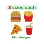 Fast Food Mini Embroidery Design Set with burger, drink, fries, and pizza