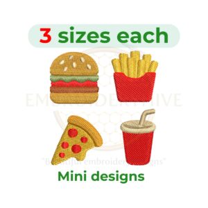 Fast Food Mini Embroidery Design Set with burger, drink, fries, and pizza