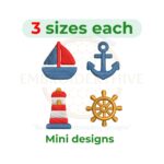 Nautical mini embroidery design set with boat, anchor, lighthouse, and ship wheel; 1–2 inch machine embroidery files, instant digital download.