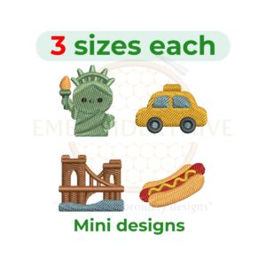 New York mini embroidery design set featuring bridge, hotdog, statue, and taxi designs; 1–2 inch machine embroidery files, instant download.
