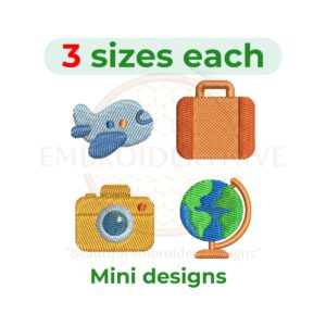 Travel mini embroidery design set with plane, bag, camera, and globe designs; 1–2 inch machine embroidery files, instant digital download.