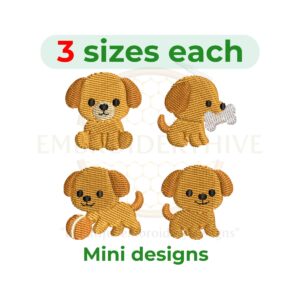 Baby Dog Mini Embroidery design set with four cute dog designs — ball dog, bone dog, happy dog, and sitting dog — in 1–2 inch sizes for machine embroidery.