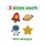 Space Mini Embroidery Design Set with astronaut, star, Saturn, and rocket