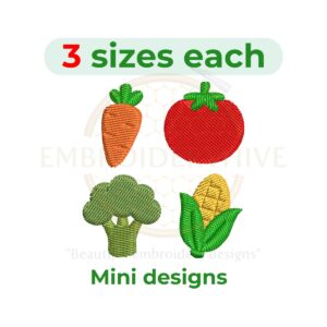 Vegetables Mini Embroidery Design Set with broccoli, corn, carrot, and tomato