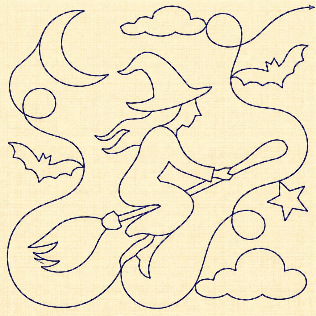 Witch on Broom Quilting embroidery Design | Edge to Edge Quilt Block - Image 5
