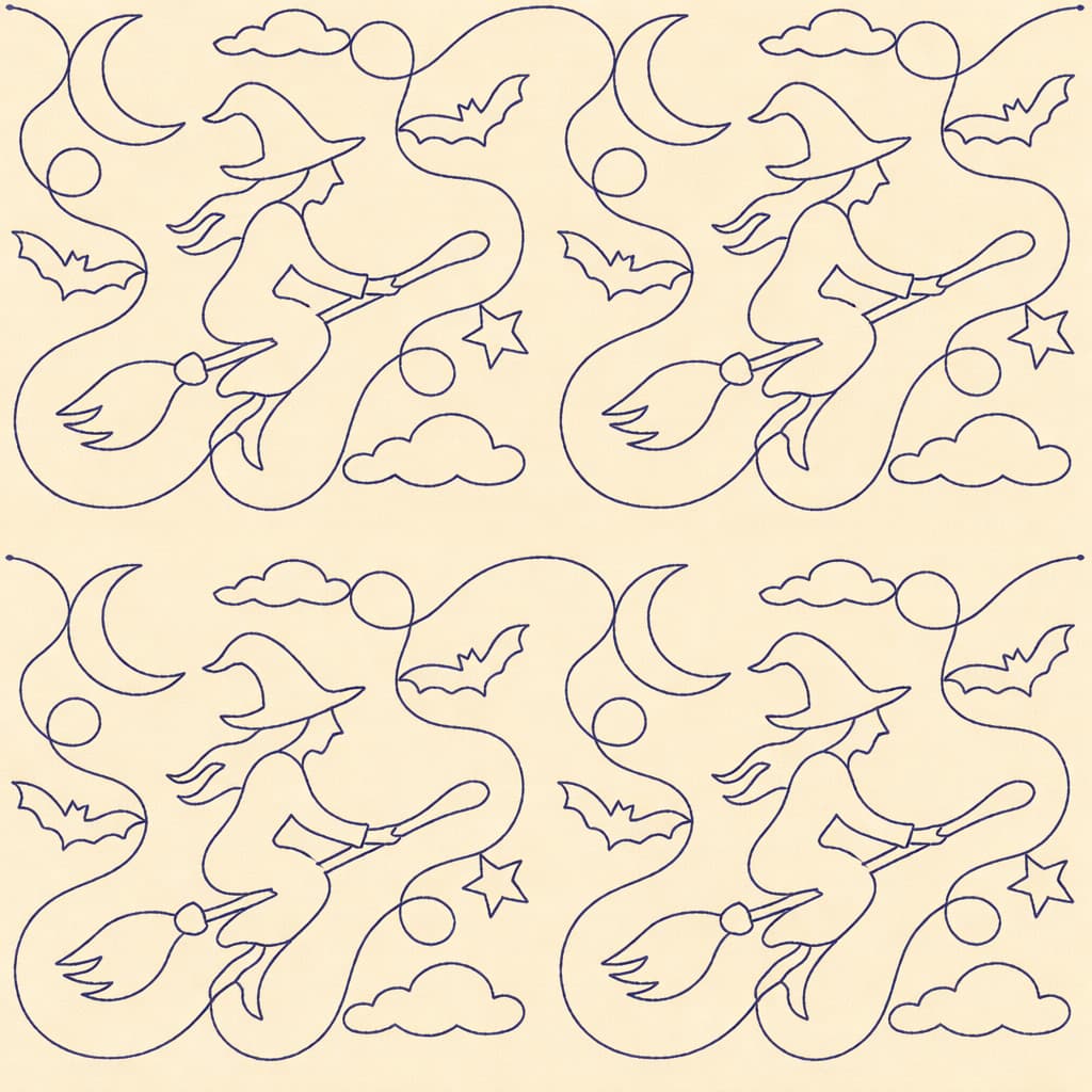Witch on Broom Quilting embroidery Design | Edge to Edge Quilt Block - Image 6