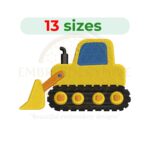 Bulldozer machine embroidery design for kids clothing, construction theme projects, and accessories.