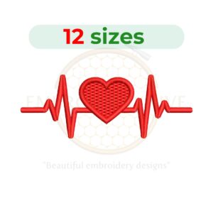 EKG heartbeat embroidery design for machine embroidery, heartbeat heart line embroidery, ECG heart embroidery design, medical heartbeat embroidery digital download.