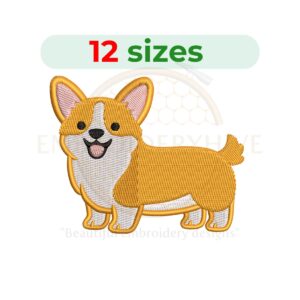 Corgi dog embroidery design for machine embroidery, corgi puppy embroidery, dog embroidery file, pet embroidery design, cute corgi embroidery.