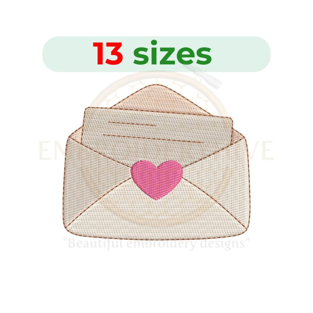 Love letter embroidery design for machine embroidery, envelope with heart embroidery file, romantic love mail embroidery pattern, digital embroidery download.
