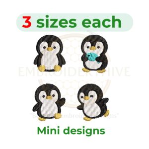 Penguin mini embroidery design set for machine embroidery, cute penguin embroidery, small penguin embroidery designs, penguin embroidery digital download.