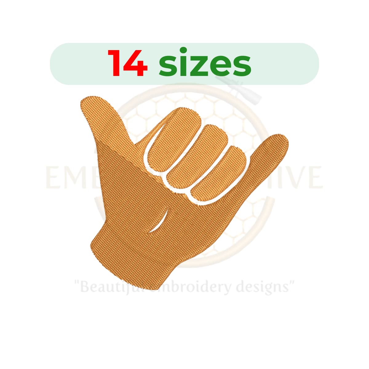 Shaka hand sign embroidery design, shaka gesture machine embroidery, hang loose hand symbol embroidery, surfer hand sign embroidery design, digital embroidery download.