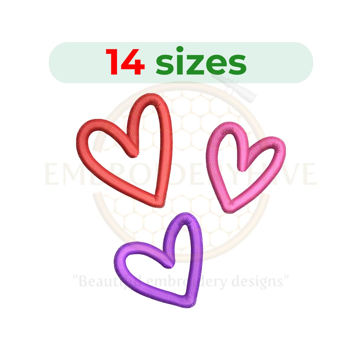 Triple sketch heart embroidery design for machine embroidery, hand-drawn style heart stitch pattern, Valentine embroidery digital download.