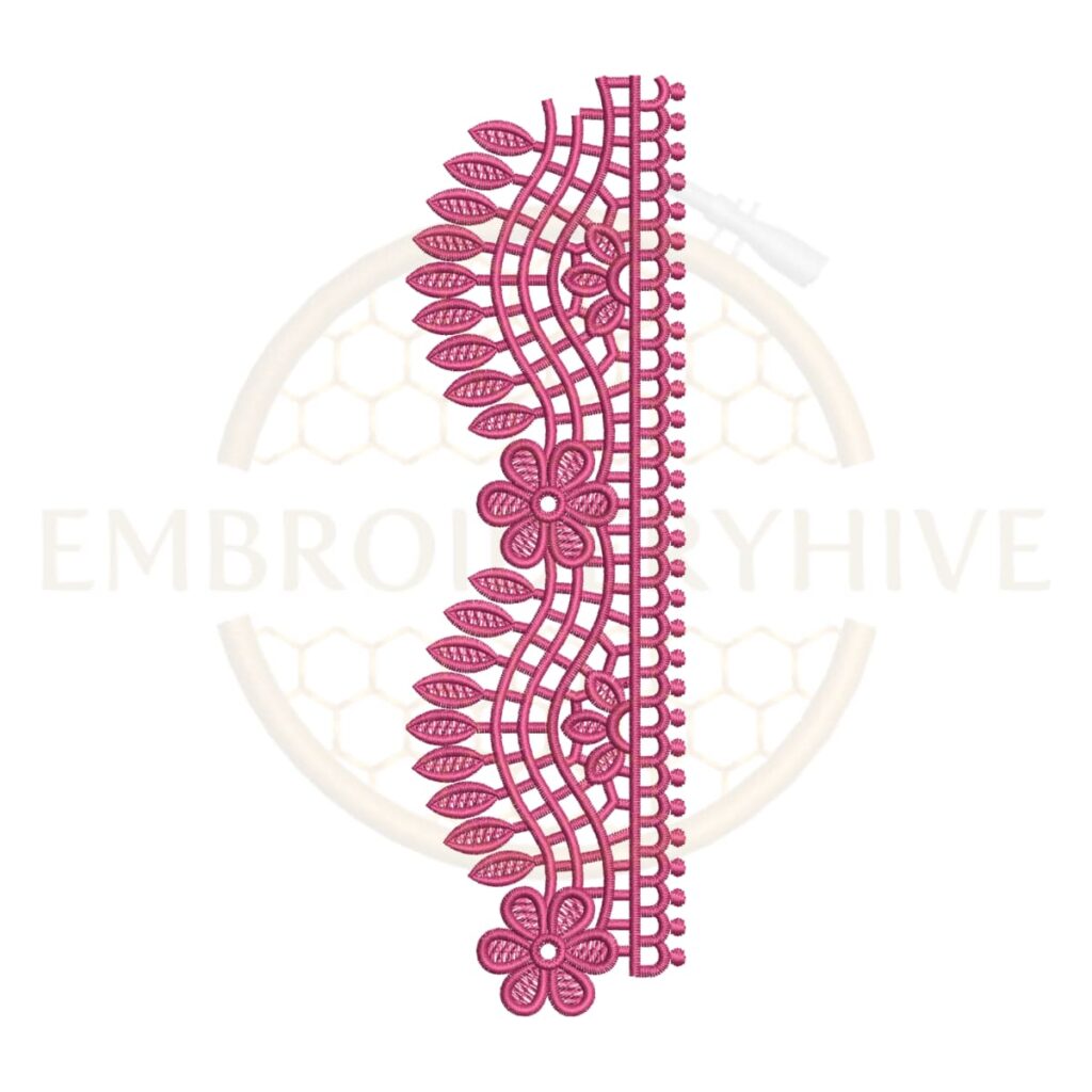 Wavy leaf scallop lace embroidery design, decorative leaf border machine embroidery file, ornamental scallop lace border for tablecloth dress and home decor.