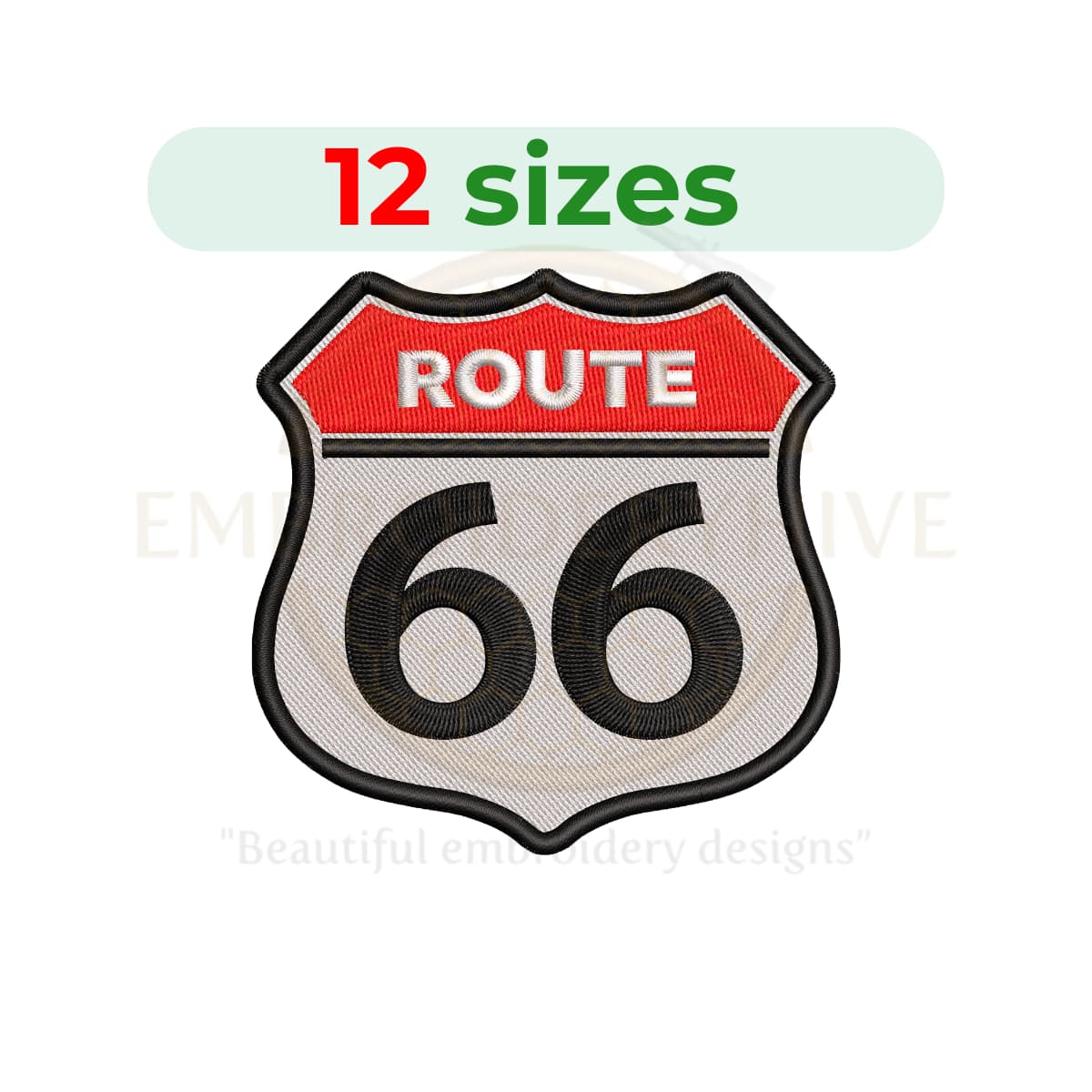 Route 66 embroidery design for machine embroidery, highway road sign embroidery file 2 to 7.5 inch sizes, travel themed instant download pattern.