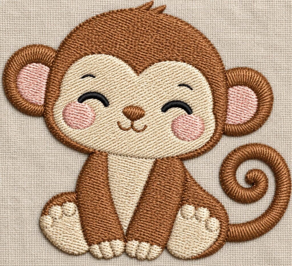 Cute sitting baby monkey machine embroidery design stitched on fabric