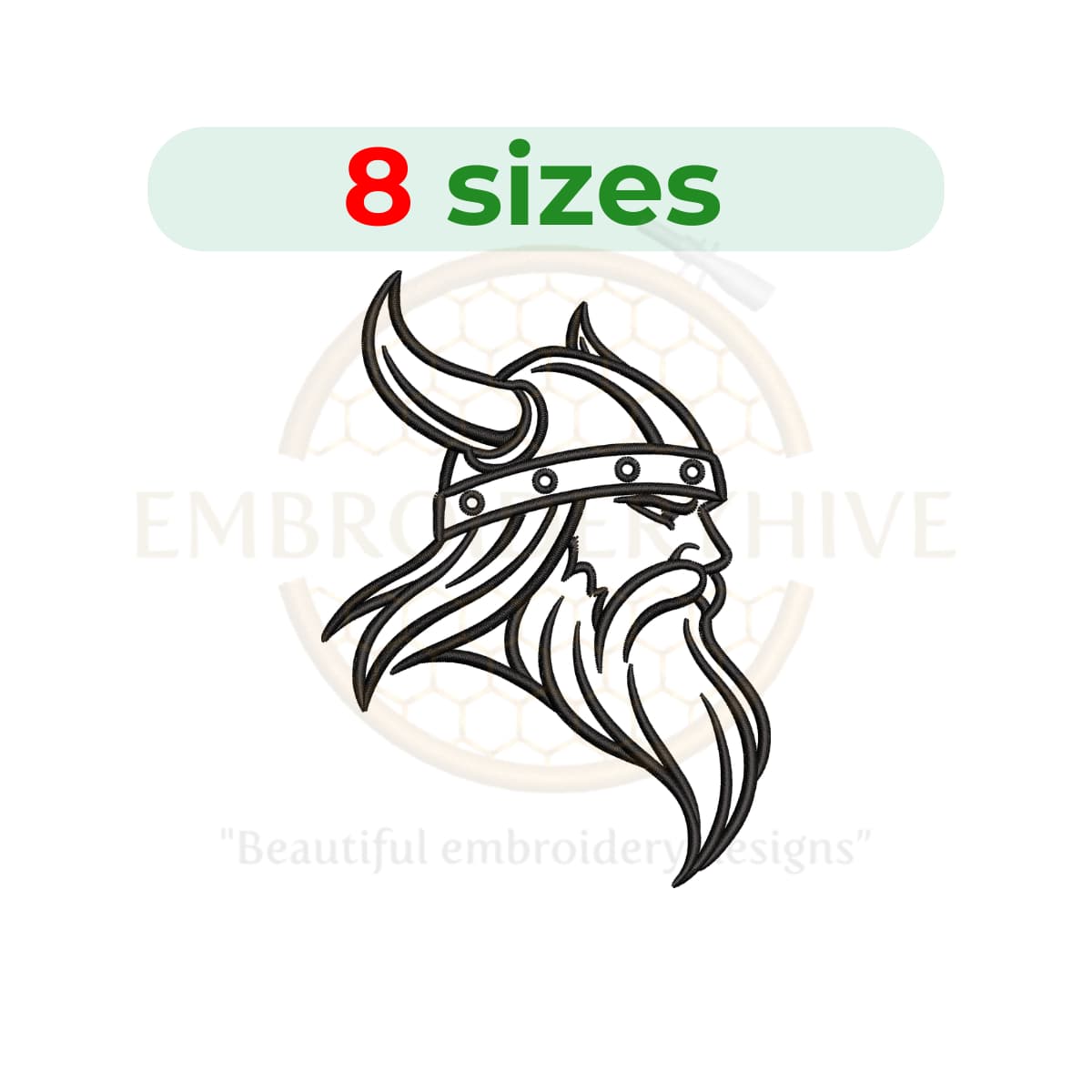 Viking head outline embroidery design for machine embroidery, Norse warrior outline embroidery file 4 to 7.5 inch sizes instant download.