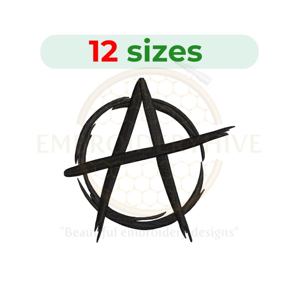 Anarchy sign embroidery design for machine embroidery, anarchist symbol embroidery file, punk rock embroidery pattern, anarchy A symbol digital embroidery download.