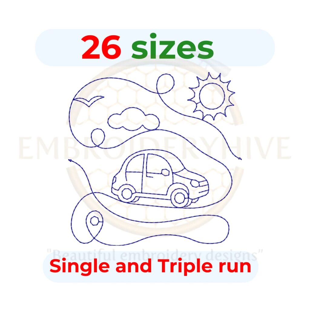 Car edge to edge quilting embroidery design, machine quilting pattern in single run and triple stitch, square quilt block