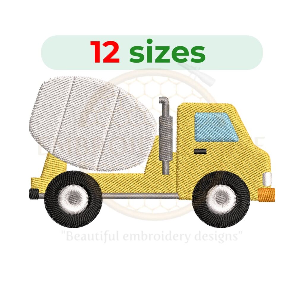Cement mixer embroidery design for machine embroidery, construction truck embroidery file 2 to 7.5 inch sizes instant download pattern.