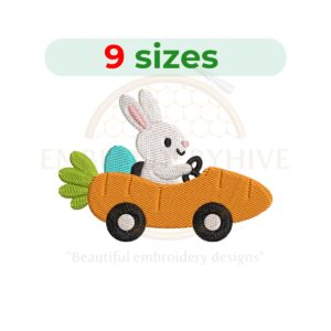 Easter bunny in car embroidery design for machine embroidery, cute spring rabbit driving car embroidery file 3.5 to 7.5 inch instant download.