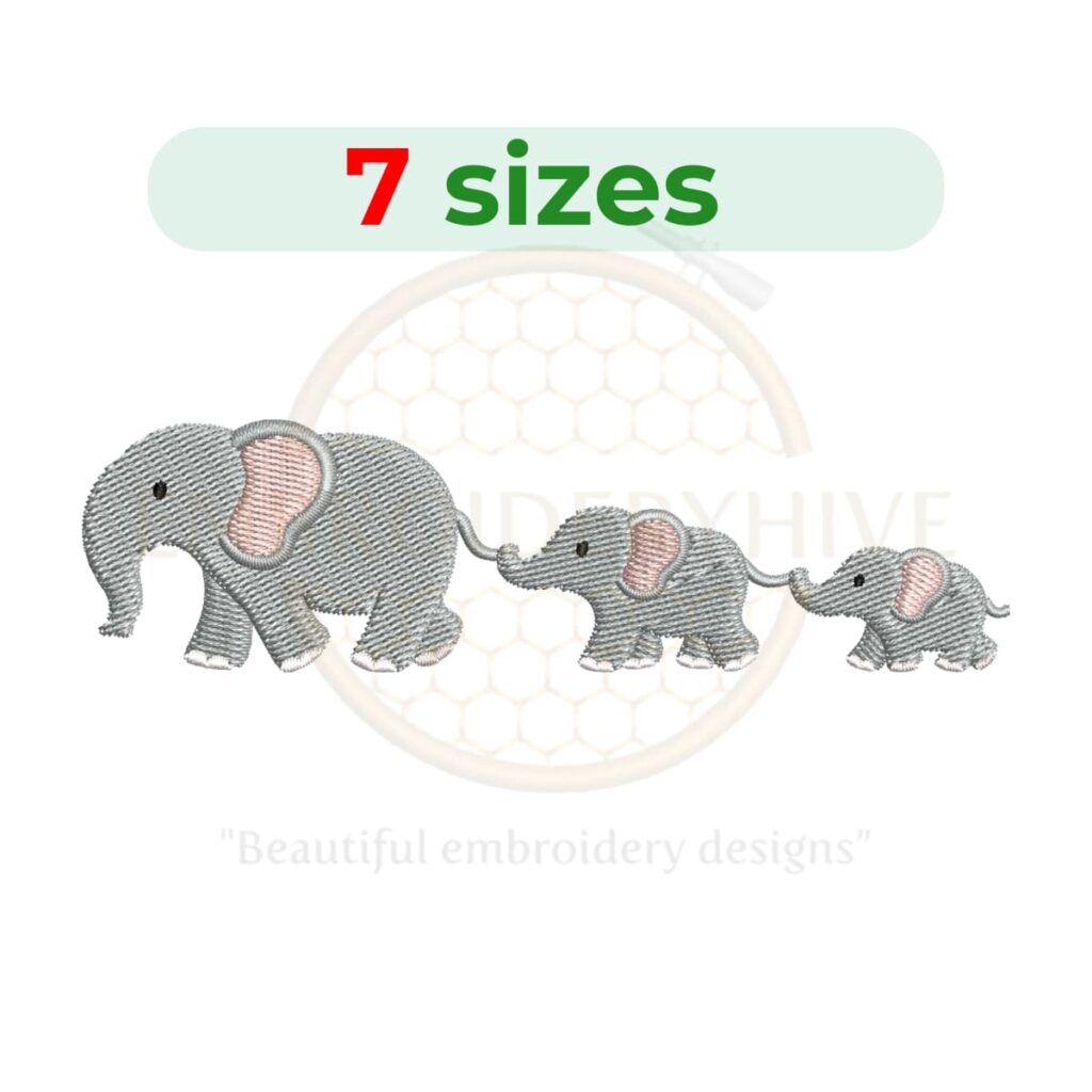 Elephant with babies embroidery design for machine embroidery, mother and baby elephant embroidery file 4.5 to 7.5 inch sizes instant download.