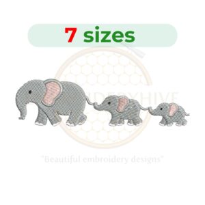 Elephant with babies embroidery design for machine embroidery, mother and baby elephant embroidery file 4.5 to 7.5 inch sizes instant download.