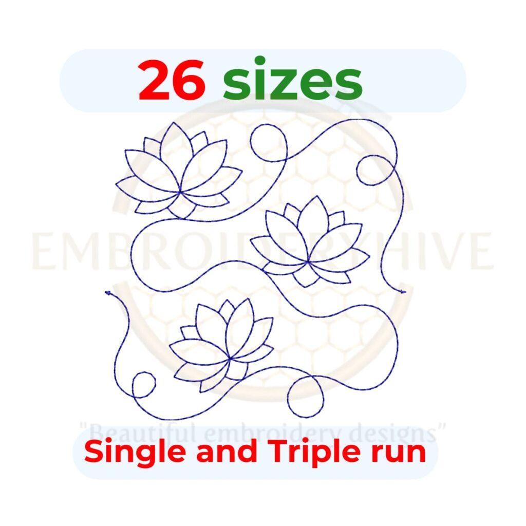 Lotus end to end quilting embroidery design, edge to edge quilt block pattern, continuous lotus pantograph for embroidery and longarm machines.