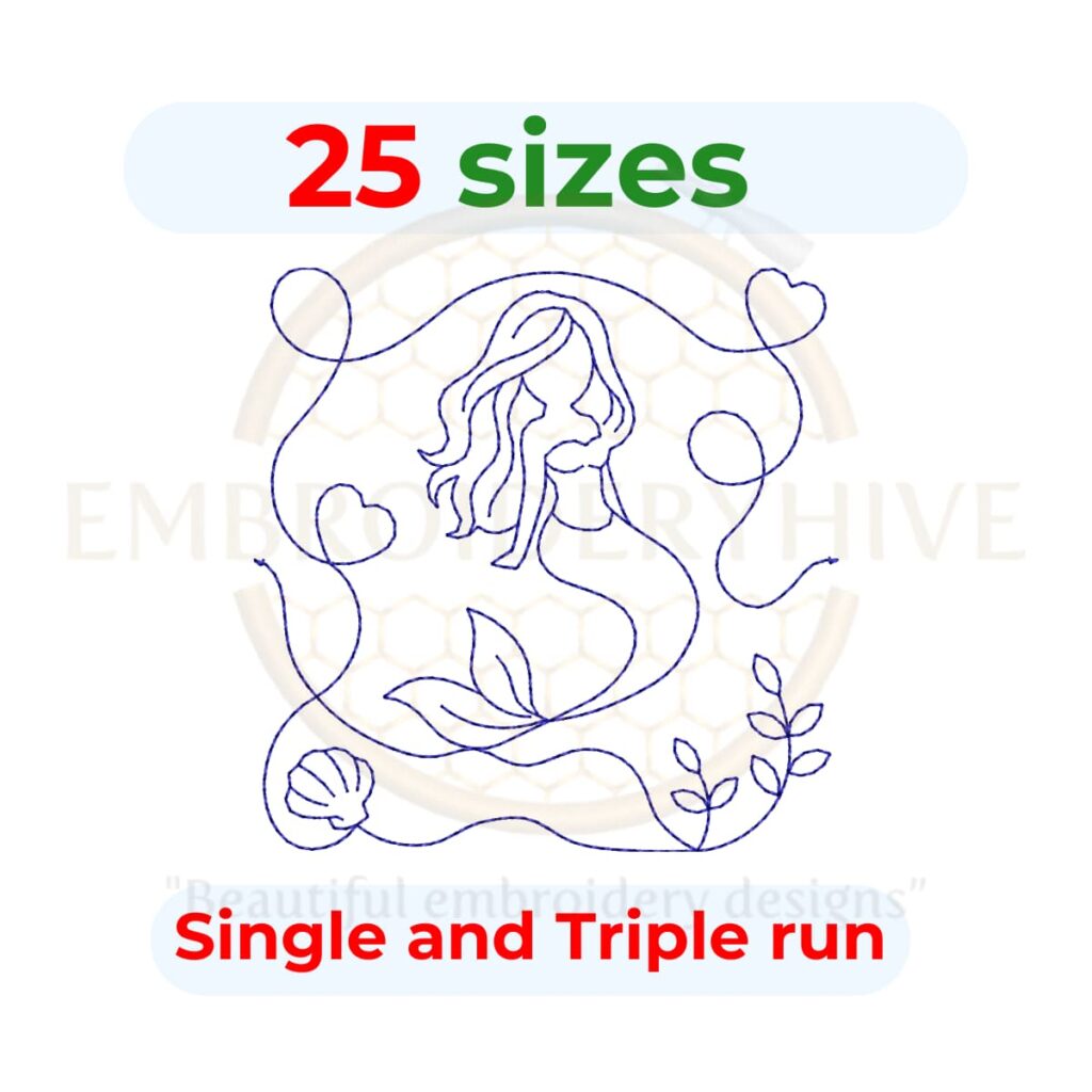 Mermaid edge to edge quilting embroidery design, mermaid E2E quilt pattern, end to end quilting embroidery file, mermaid quilt block design for embroidery and longarm machines.