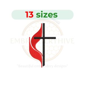 Methodist Church cross embroidery design for machine embroidery, Christian cross with flame embroidery file, religious embroidery pattern instant download.